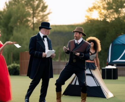 A group of actors in costume rehearsing a scene on a movie set