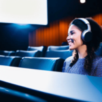 An image of a person in a movie theater listening to a soundtrack on headphones