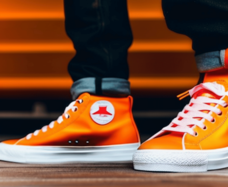 A pair of bright orange, neon sneakers on a wooden floor