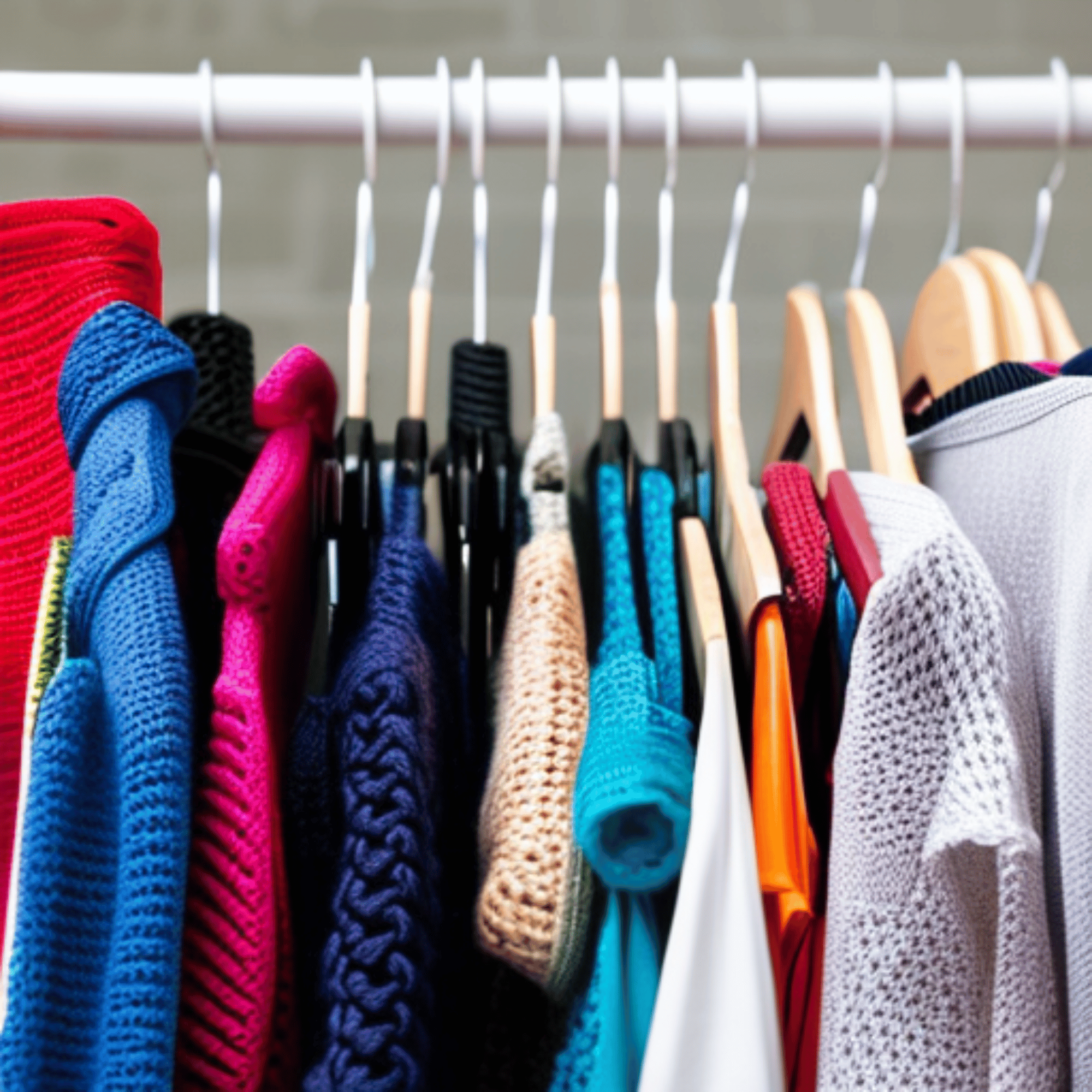A variety of crocheted and knitted clothing items hung up on a clothing rack