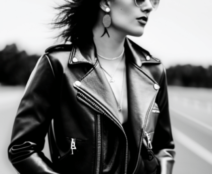 A black and white photo of a model wearing a classic 90's style leather jacket with distressed jeans and a crop top