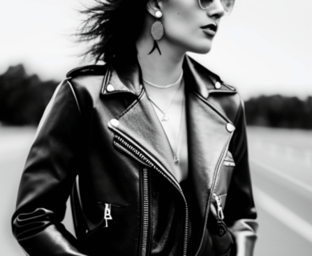 A black and white photo of a model wearing a classic 90's style leather jacket with distressed jeans and a crop top