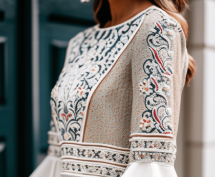 A close-up of a contemporary bell sleeve top with intricate embroidery detail
