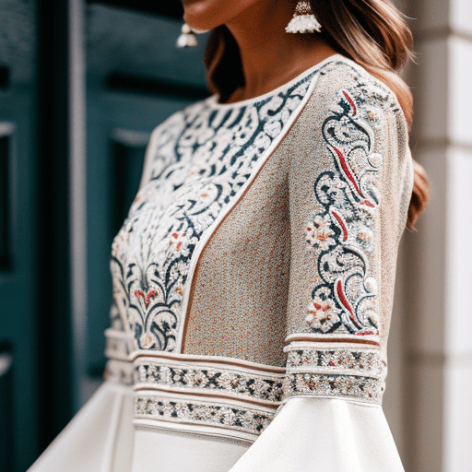 A close-up of a contemporary bell sleeve top with intricate embroidery detail
