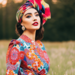 A woman wearing a multicolored floral print dress paired with a matching printed headscarf