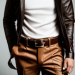 A close-up of a leather jacket with a stylishly buckled belt.