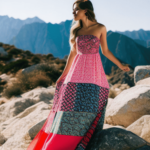 A vibrant patchwork dress with intricate details and bold colors