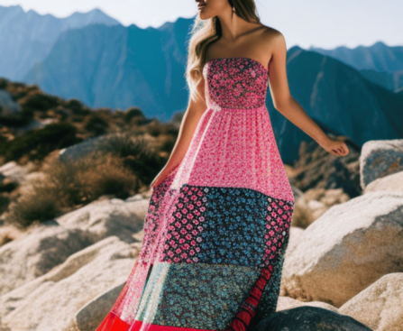 A vibrant patchwork dress with intricate details and bold colors