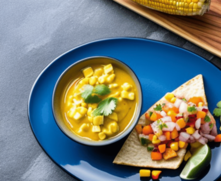 A colorful plate of traditional Peruvian ceviche served with sweet potatoes, a side of corn, and a wedge of lime