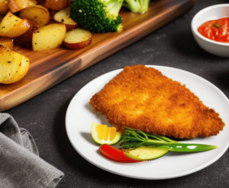 A photo of a plate with a golden, crispy Wiener Schnitzel and a side of potatoes and vegetables.