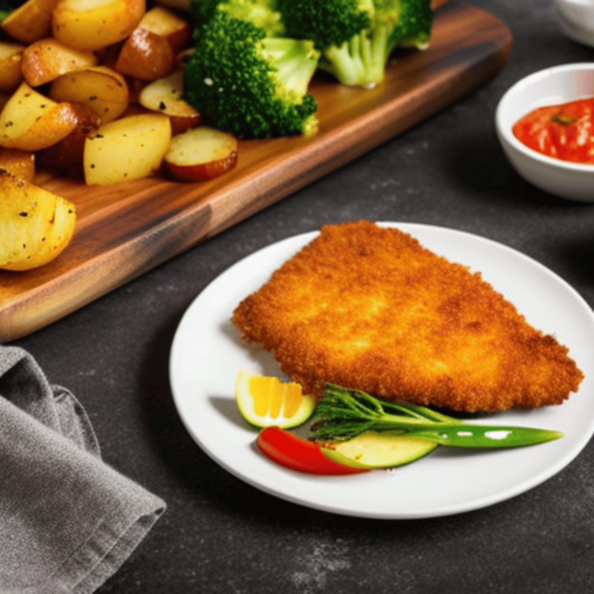 A photo of a plate with a golden, crispy Wiener Schnitzel and a side of potatoes and vegetables.