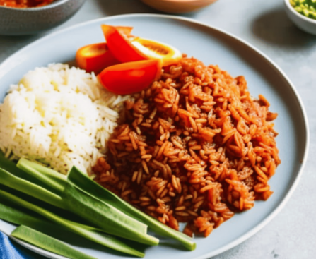 A close-up of a plate of jollof rice with various accompaniments arranged around it