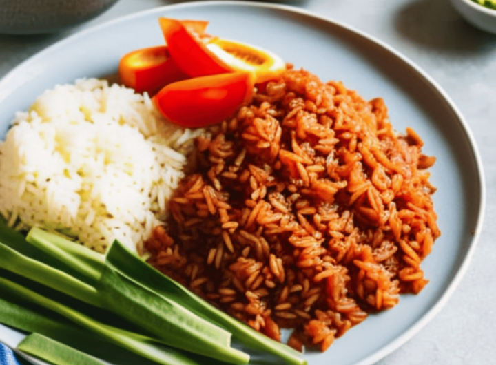 A close-up of a plate of jollof rice with various accompaniments arranged around it