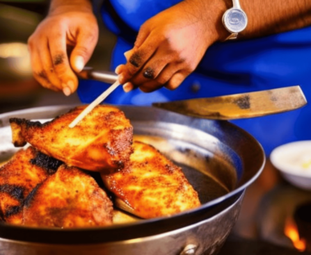 Image of a tandoor in India with a chef preparing tandoori chicken