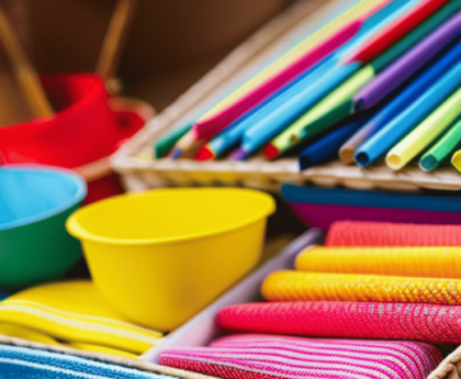 A picture of colorful craft supplies neatly organized in a basket