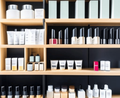 An array of skincare products organized on a shelf