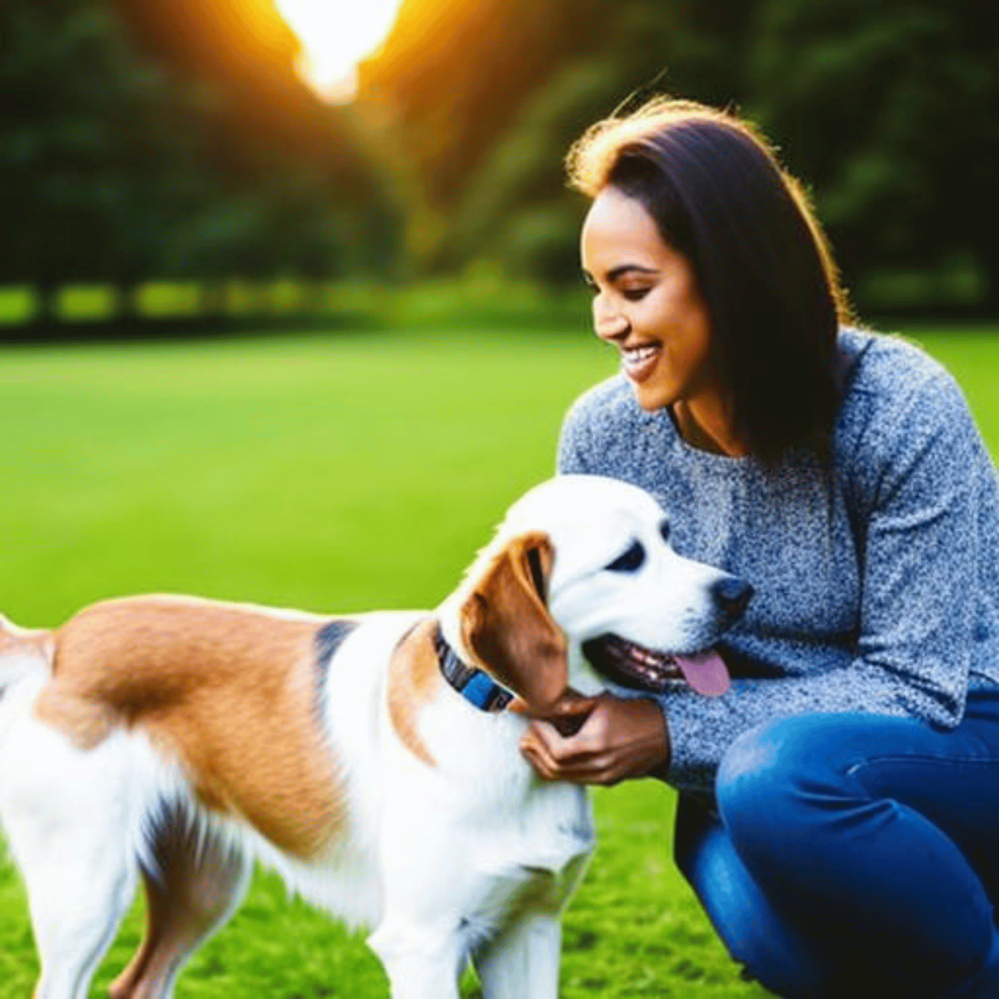 A smiling woman with a dog in a park, enjoying a walk together