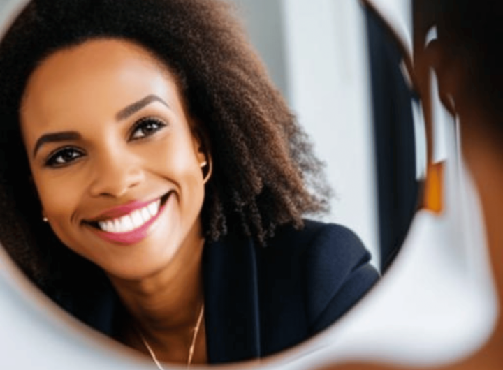 A smiling woman looking in the mirror and embracing her reflection